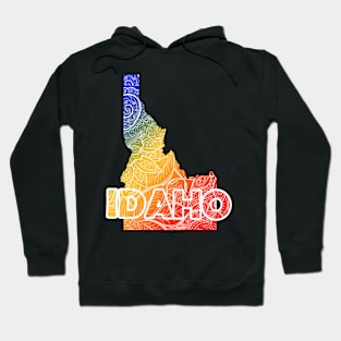 Colorful mandala art map of Idaho with text in blue, yellow, and red Hoodie